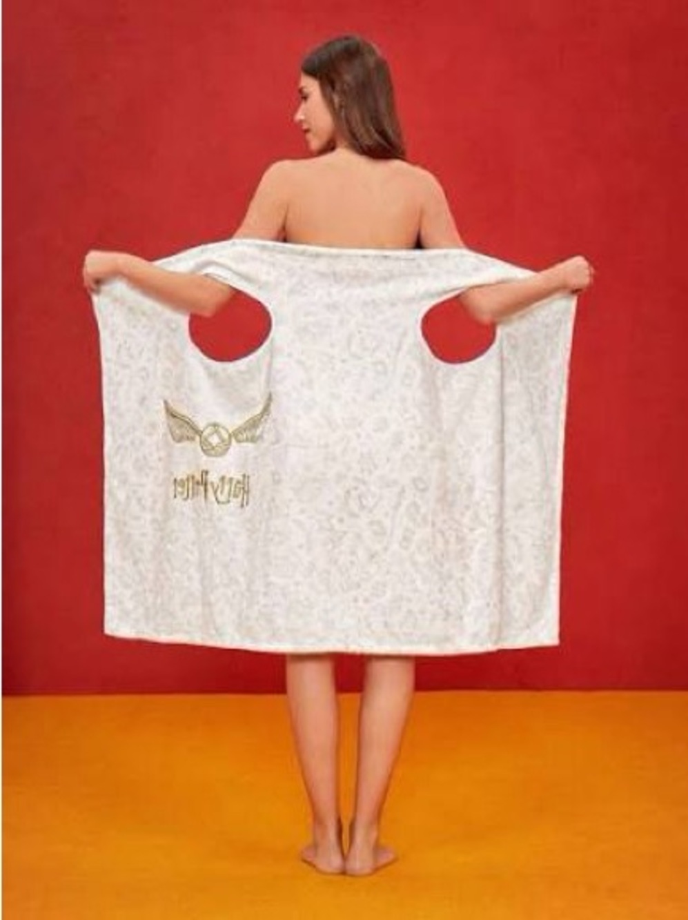 White Hooded Bath Wrap with Gold Emblem
